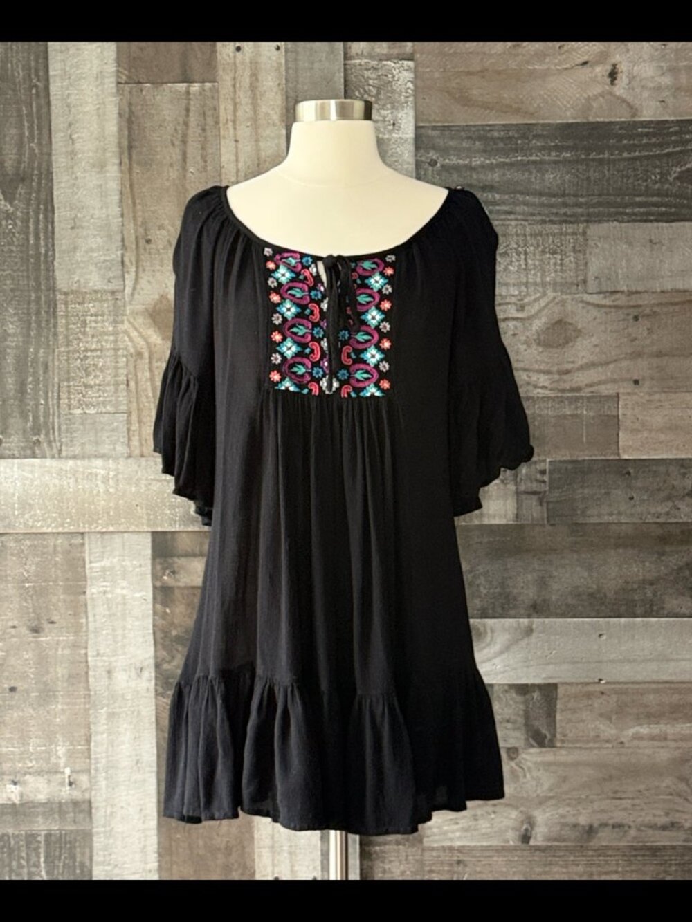 Black peasant dress rainbow embroidery small flutter sleeves floral festival